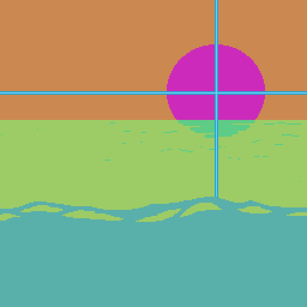 A stylized pixel art beach suinset features a bright orange sky, blue sand, large glaring purple sun, and lime green water. Four blue lines converge in the center of the sun, and cut all the way across the mosaic in cardinal directions. The image is highly-saturated and bright. 